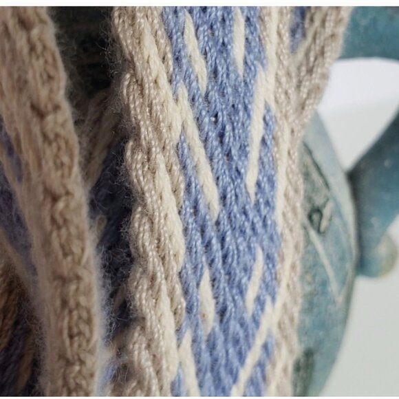 Woven Boho Chic Belt With Blue & Beige Geometric Pattern And D-Ring - Picture 2 of 10